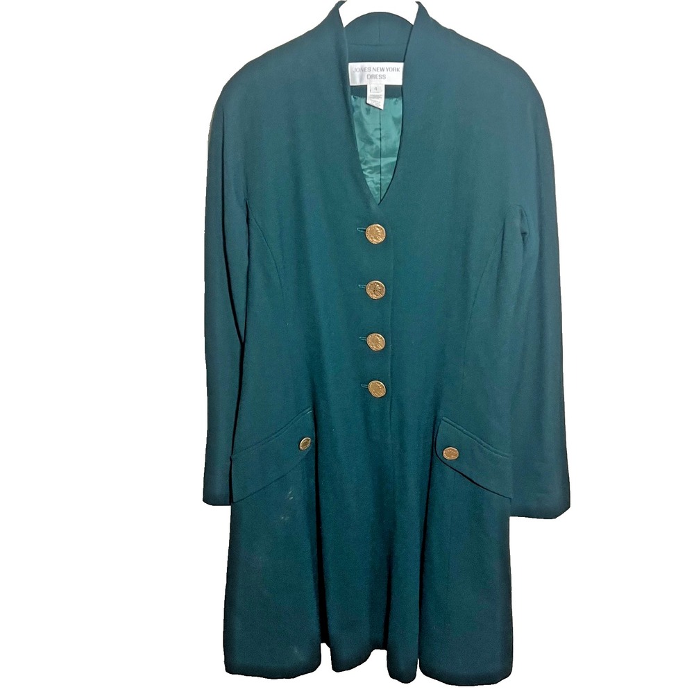 Jones New York Vintage Green Dress‎ 4 Worsted Wool Gold Buttons A-Line USA Retro